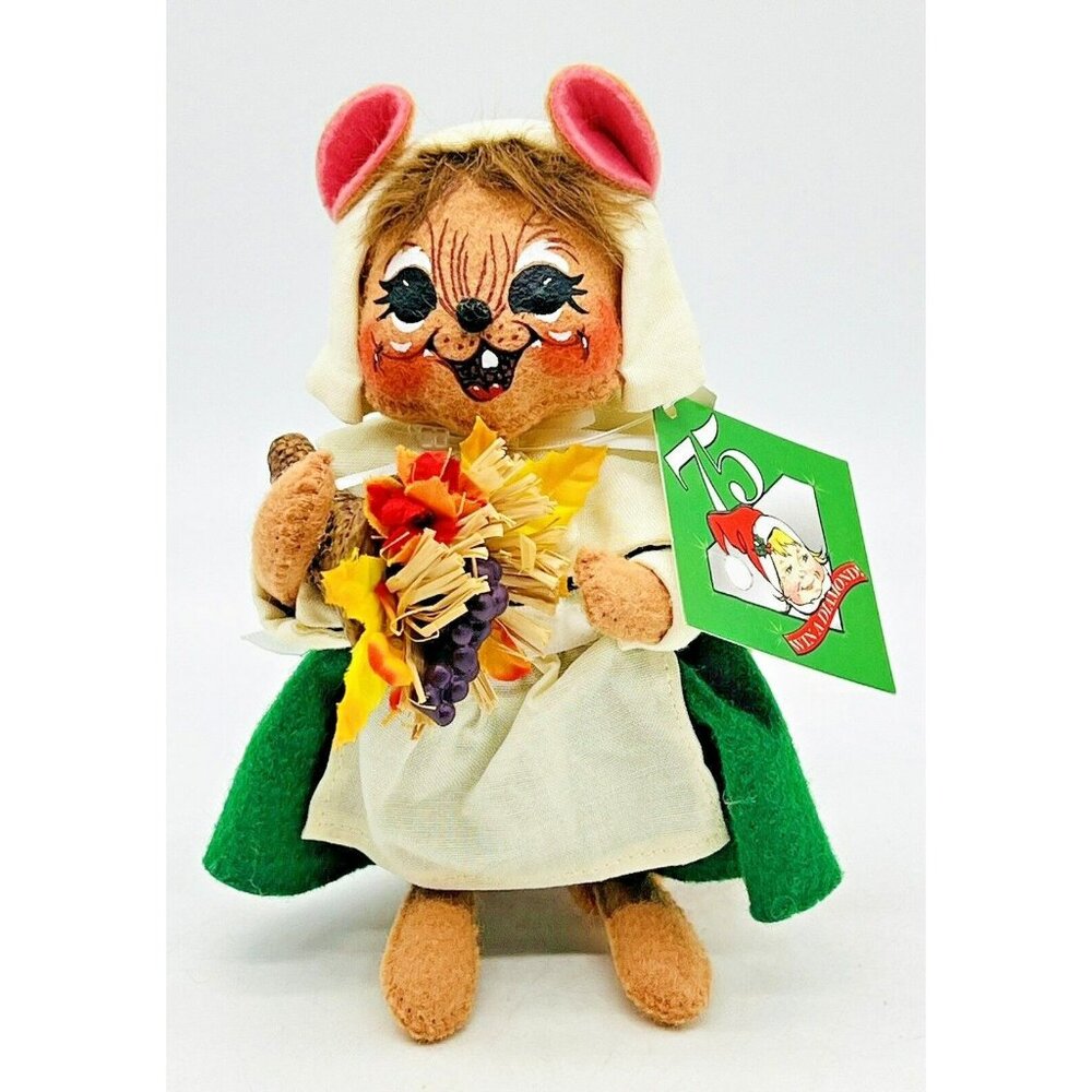 Annalee Pilgrim Girl Mouse 203107 Green Cornucopia 2007 Thanksgiving 6 inch Tags